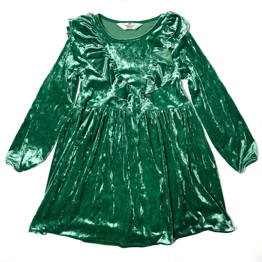 6X/7 H&M Crushed Velvet Green Holiday Dress Girl’s 6X 7 Ruffles Long Sleeve